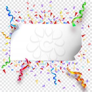 Festive background with flags, garlands and confetti on transparent background, vector illustration for your presentation, posters, cover and other design