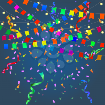 Festival background with garland, streamers, confetti and flags isolated. Vector illustration.