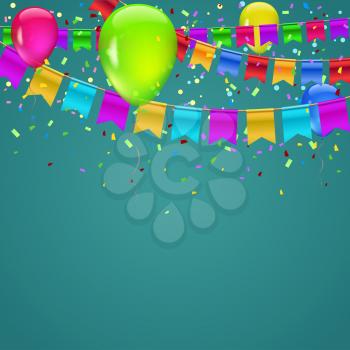 Abstract colored background with balloons, garlands of colored flags, streamers and confetti. Holiday greeting card for Christmas, new year, birthday or anniversary. Template for your inspiration