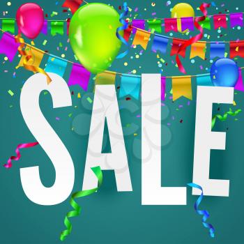 Sale banner on festive background with party flags, garlands and confetti. Editable vector
