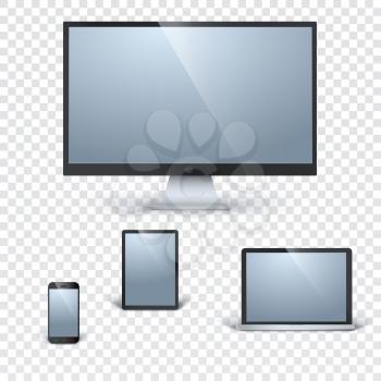Realistic vector laptop, tablet computer, monitor and mobile phone template on trasparent background. Vector gadgets mock-up with shine. Computer and communication, display vector illustration