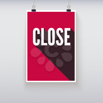 Close shopping door signs board. Vector illustration. Shopping sign board. Red open hanging poster