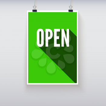 Open shopping door signs board. Vector illustration. Shopping sign board. Green open hanging poster