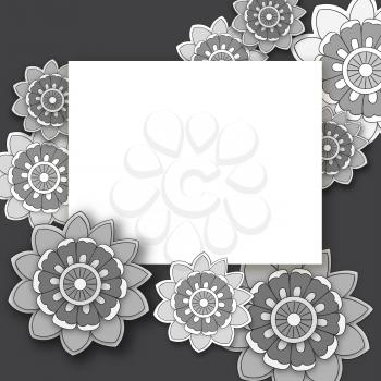 Vector monochrome floral background with hand drawn  flowers. Template for Greeting Card with place for text