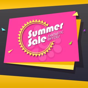Summer sale and special offer origami paper banner. Great bright background for your offers, promotional posters, advertising shopping flyers and discount banners. Vector speech bubble