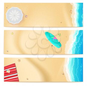 Set of vector banners with sunny sandy beach with turquoise sea tide, umbrella, mat and surfing board. Summer travel background, promotional poster for your business