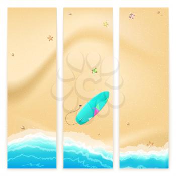 Set of vector banners with sunny sandy beach with turquoise sea tide, surfing board. Summer travel background, promotional poster for your business