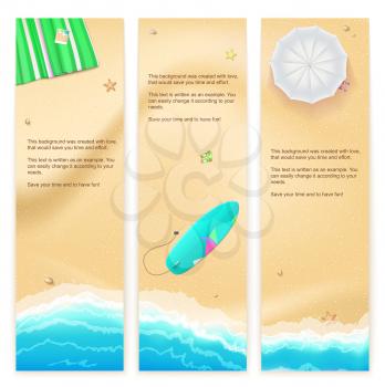 Set of vector banners with sunny sandy beach with turquoise sea tide, umbrella, mat and surfing board. Summer travel background, promotional poster for your business