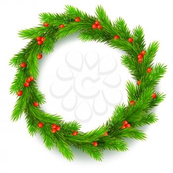 Traditional Christmas wreath made of green fir branches with red berries of viburnum, on a white background. Vector, editable illustration