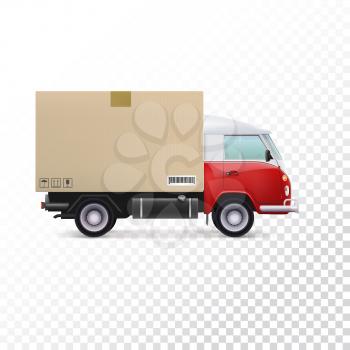 Red and white delivery van with cardboard package and fragile signs. Delivery vehicle truck for the shipping of goods on transparent background.