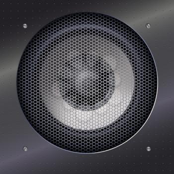 Background with sound speakers dynamics and metal mesh. Background of polished metal with flare, patches of light. Audio speaker on a shiny metal background with bolts. Vector Illustration. 
