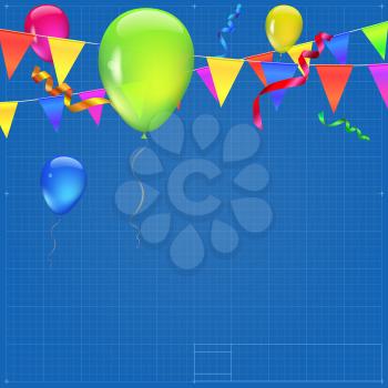 Background with flags, garlands, streamers and balloons for your presentation. Greeting card with bokeh effect on blueprint background. Colored flags, pennants, streamers and transparent balloons
