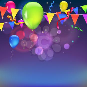 Background with flags, garlands, streamers and balloons for your presentation. Greeting card with bokeh effect on background. Colored flags, pennants, streamers and balloons with glow and bokeh effect