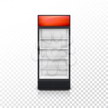 Fridge for drink with glass door and red lightbox, on a transparent background. Mock-up or template for your design and advertising message