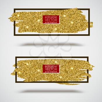 Gold sparkles, glitter background with frame. Set of banners for greeting card, certificate, luxury design and presentation