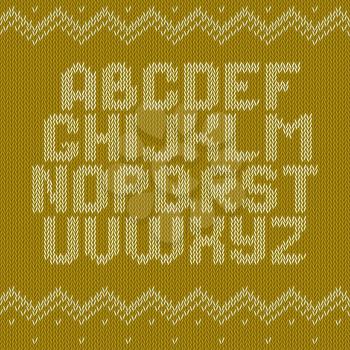 Knitted alphabet on yellow background. Christmas crochet font on knitted classic ornament pattern. All the letters are on different layers, it is convenient to produce words and sentences
