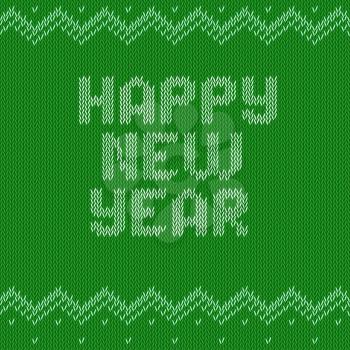 Knitted text Happy New year on green background. Christmas crochet font on knitted classic ornament pattern. All the letters are on different layers
