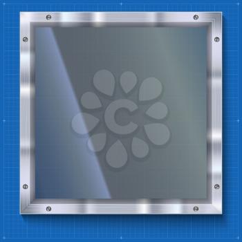 Glass plate with metal frame and bolts on the blueprint background. Banner of glass and metal frame with reflexes. Technological background for your design