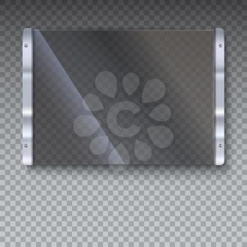 Glass plate with metal frame and bolts on transparent background. Banner of glass and metal frame with reflexes. Technological background for your design