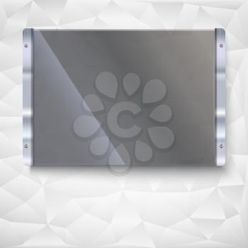 Glass plate with metal frame and bolts. Banner of glass and metal frame with reflexes. Technological background for your design
