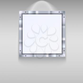 White plate with metal frame and bolts on wall background. White banner and metal frame with reflexes. Technological background for your design