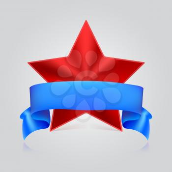 Metal red star label with blue ribbon on white background, vector illustration