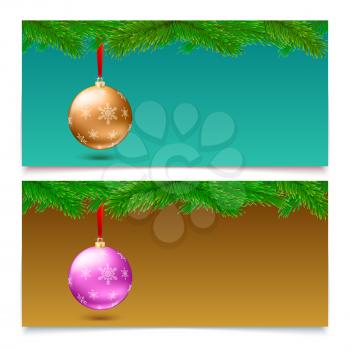 Set of three horizontal Christmas and New Year banners. Fir tree branches on blurred background with bright balls.