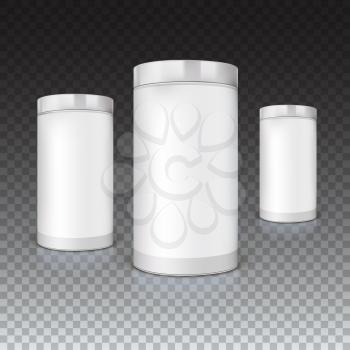 Set of round tins, packaging on trasparent background. Container cylindrical shaped, vector illustration.