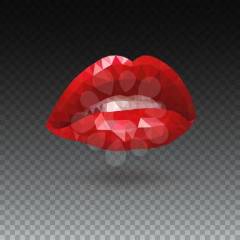 Woman red triangle lips made from polygons. Vector abstract bright geometric illustration on white background. Women s seductive scarlet lips, open mouth with white teeth