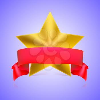Metal yellow star label with red ribbon on colored background, vector illustration