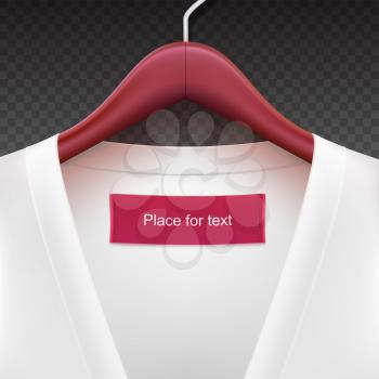 Jacket with label hanging on a hanger. Clothes hanger with red jacket on trasparent background. The template for your design or advertising messages.
