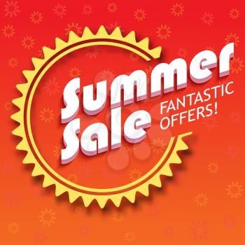 Summer sale advertisement, fantastic offers. Colorful expressive, attention-drawing banner with hot, red background. Vector editable symbol, easy to change size