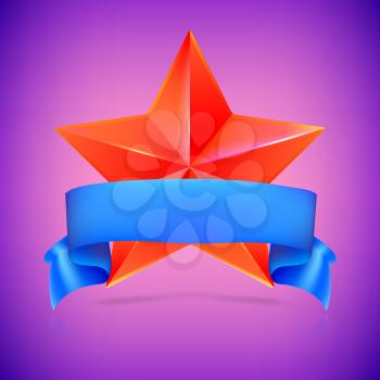 Red star with blue ribbon on colored background. Symbol of victory in competitions or contests, template for your design