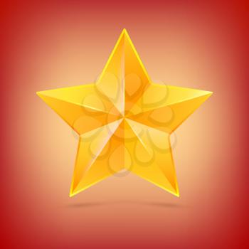 Realistic yellow five-pointed star. Symbol of victory in competitions or contests, template for your design. Illustration on colored background.