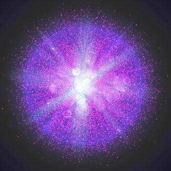 Bright glowing ball filled with particles and dust with shine and glow. The specks of light flying from the explosion