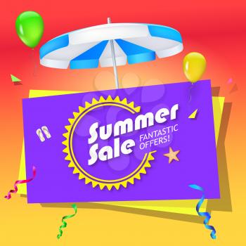 Summer sale, special offer sales banner with umbrella, slippers and starfish on bright, festive background. Design of summer promotional poster, editable vector illustration.