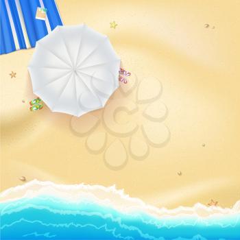 Beach with yellow sand, sea waves, white sun umbrella, mat and flip flops, vector illustration for your design, poster or flyer.
