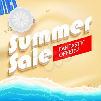 Summer sale bright vector background. Sunny sandy beach with turquoise sea tide, umbrella and Mat. Excellent for your cards, luxury invitation, advertising.