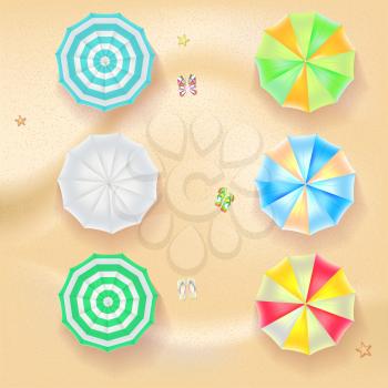 Set of colorful beach umbrellas on the background of sand with beach flip flops and starfish, top view icons. Vector illustration for your design, poster, covers, invitation, or flyer.