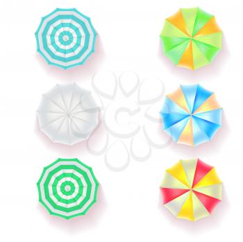 Set of colorful beach umbrellas on white background, top view icons. Vector illustration for your design, poster, covers, invitation, or flyer.