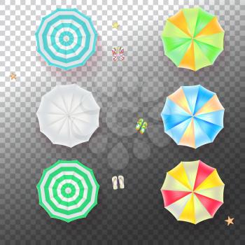 Set of colorful beach umbrellas on the transparent background with beach flip flops and starfish, top view icons. Vector illustration for your design, poster, covers, invitation, or flyer.