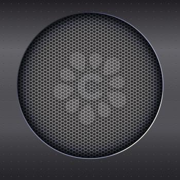 Background with sound speakers dynamics metal mesh. Background of polished metal with flare, patches of light. Audio speaker on a shiny metal background with bolts. Vector Illustration. 