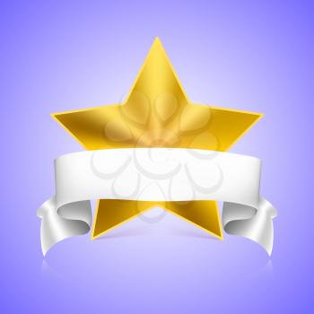 Metal yellow star label with white ribbon on colored background, vector illustration