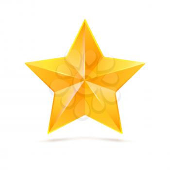 Realistic yellow five-pointed star. Symbol of victory in competitions or contests, template for your design. Illustration on white background.