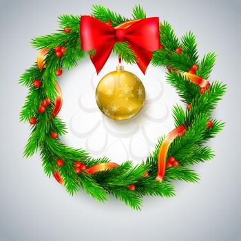 Traditional Christmas wreath made of green fir branches with red berries of viburnum, Golden ribbon, red bow and Christmas ball on a white background. Vector, editable illustration