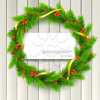 Traditional Christmas wreath made of green fir branches with red berries of viburnum, Golden ribbon on a white wooden background. Vector, editable illustration