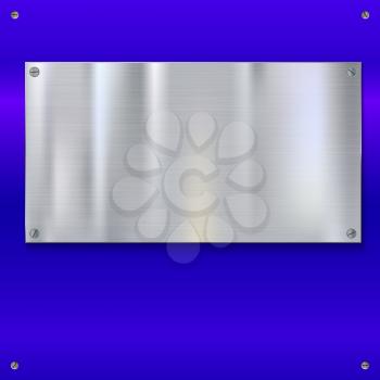 Shiny brushed metal plate with screws. Stainless steel banner on blue polished background, vector illustration for you
