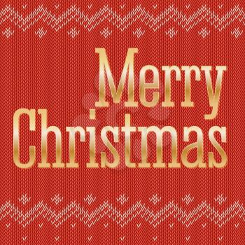 Greeting card on the traditional, classic knitted red background. Gold, yellow metal letters Merry Christmas with reflections and glare.