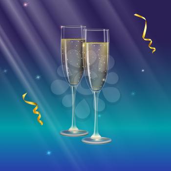 Glasses of champagne and streamer with rays of light on background. Champagne with bubbles in a wineglass with place for your text
