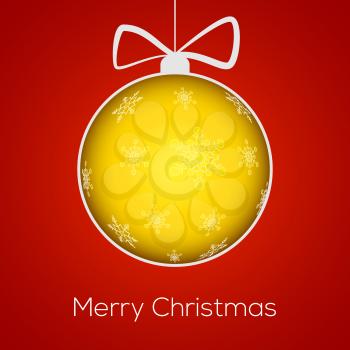 Christmas ball cut from paper with snowflakes on red background with Merry Christmas text. Easily editable Greeting card template for your congratulations